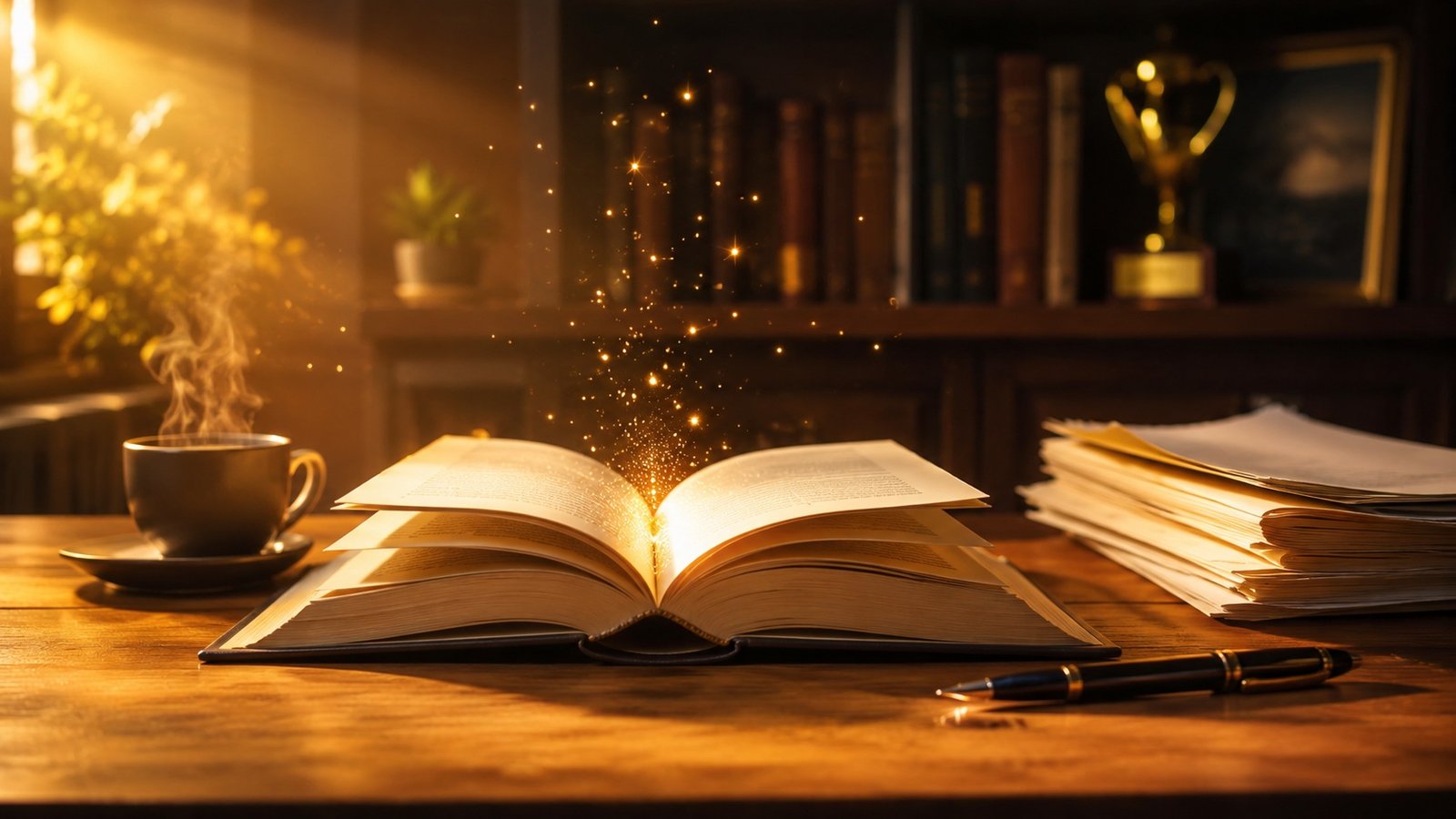 Open book with golden particles rising — the quiet pride of a successful author